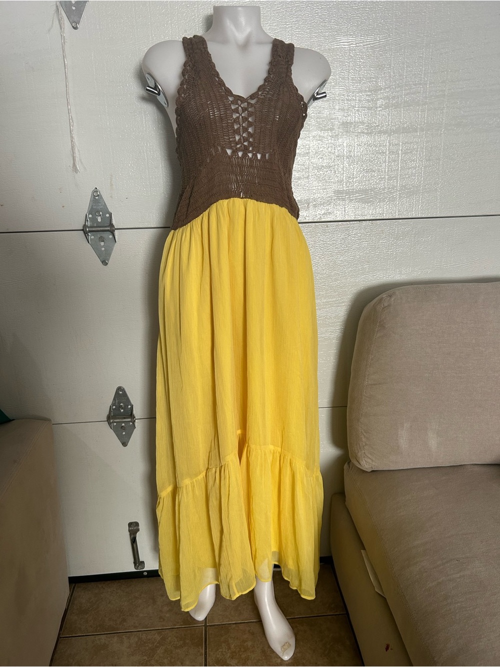 Zara Brown Crochet Bodice Yellow Maxi Dress